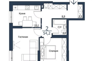 2-к квартира, 54,2 м², 3/23 эт.