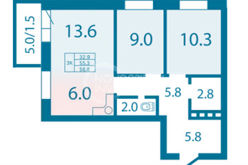 3-к квартира, 56,8 м², 18/25 эт.