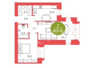 2-к квартира, 60,2 м², 13/17 эт.